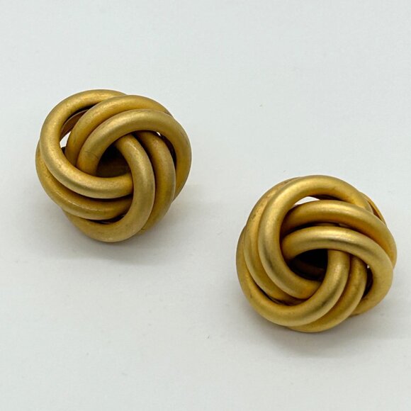 Estate Jewelry - Vintage Matte Gold Knot Earrings Clip-On Brushed Gold-Tone Love Knot Statement